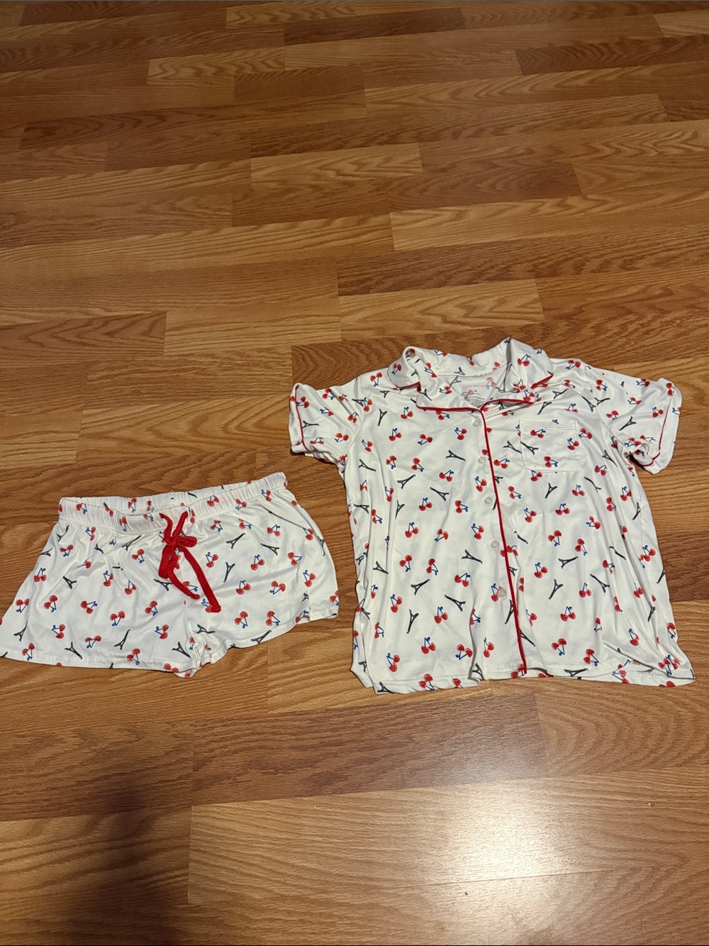 Women's Cream Cherry-Print Short Pajama Set with Red Trim